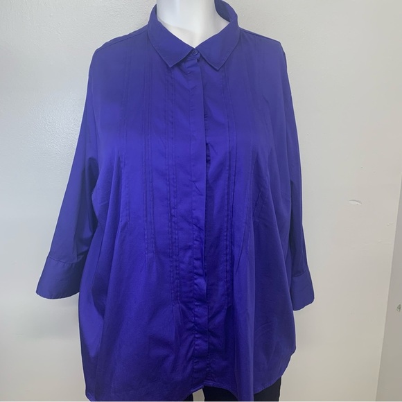 Catherines Blouse Top Woman 3X Button Up Purple Pin Tuck 3/4 Sleeve Cotton Blend - Picture 1 of 9